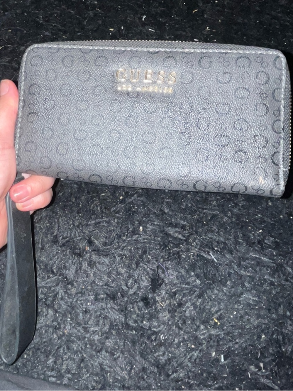 Guess Gray Monogram Wristlet Wallet with Gold Logo
